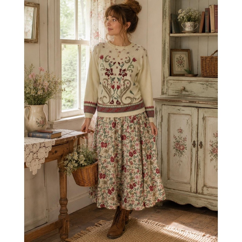 Vintage Sweater Skirt Set Womens Small Floral Knit Cottagecore Beldoch Popper